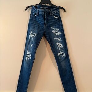 American Eagle Outfitters Women's Dark Blue Ripped Skinny Jeans
